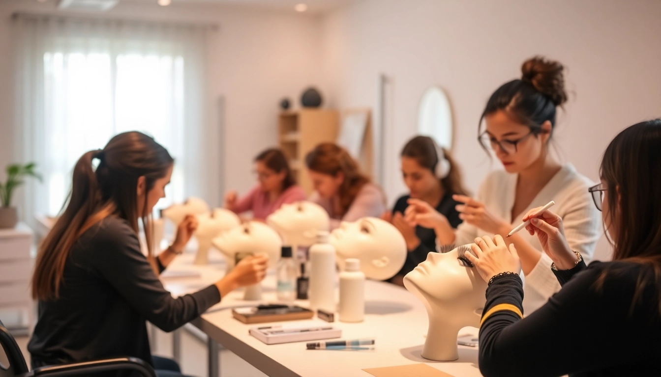 Learners engaged in a Lash Course, showcasing practical lash application techniques.
