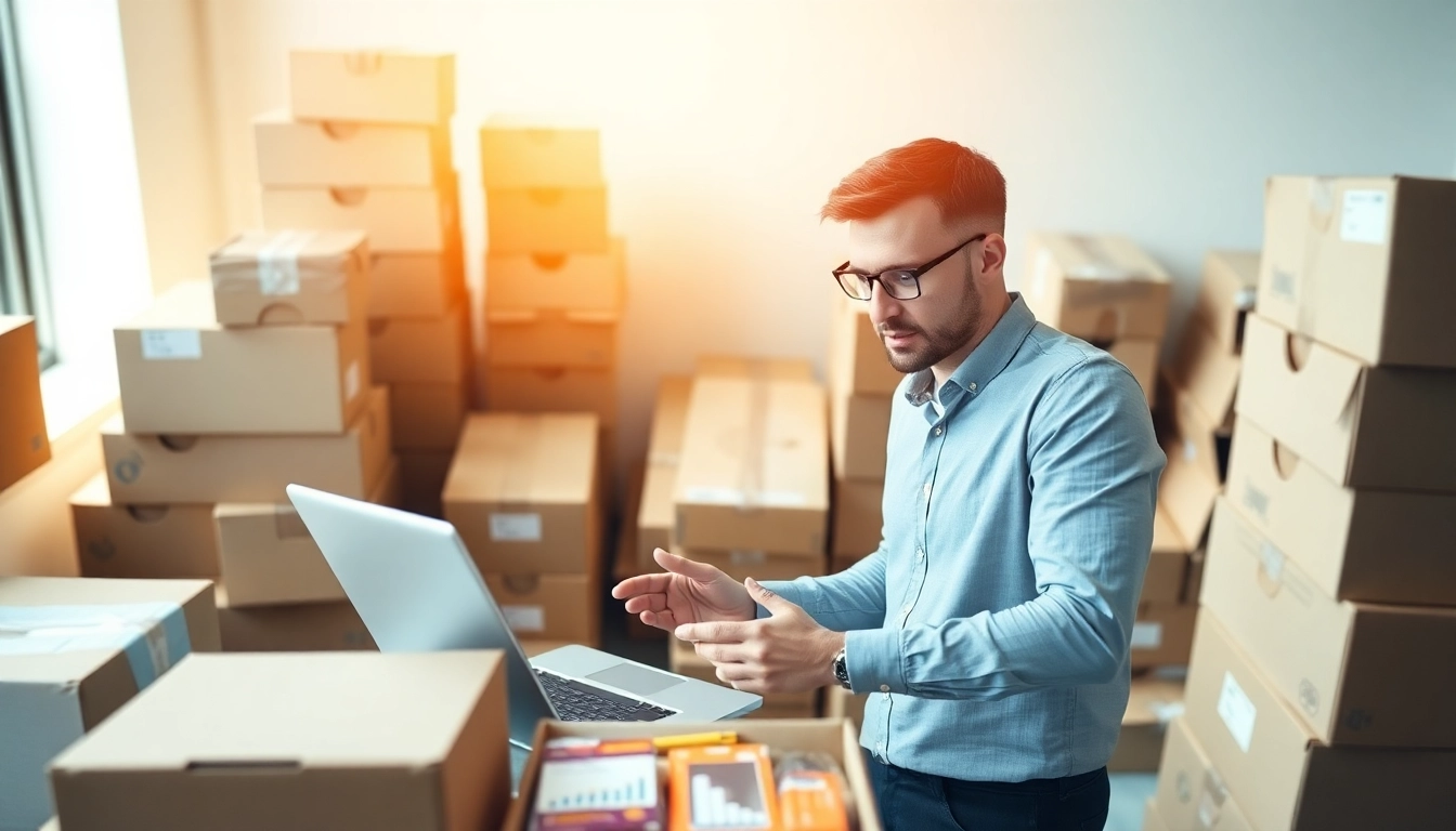 Analyze FBA wholesale products in a modern office setting with inventory boxes and sales data.
