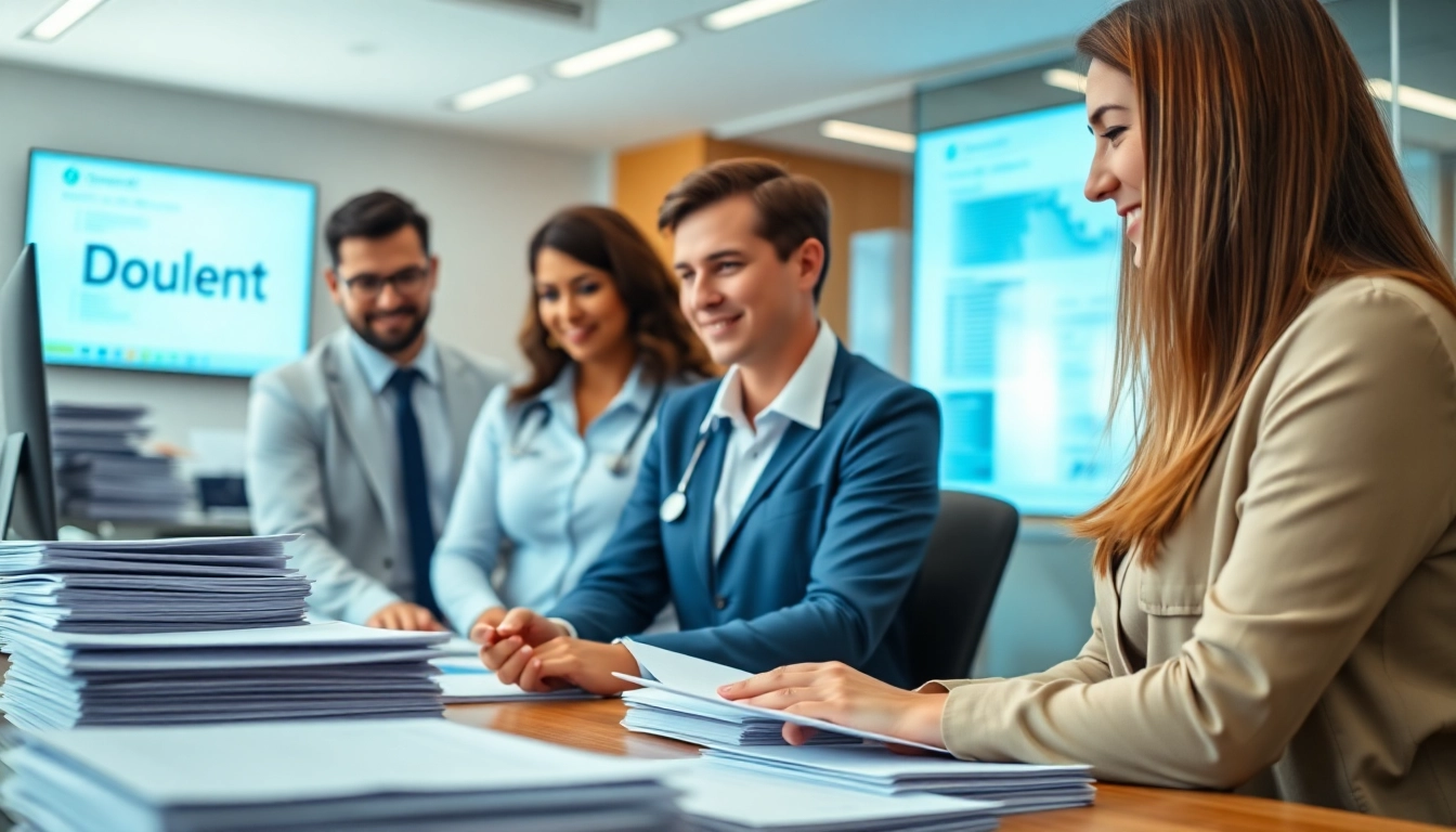 QSM document clearing services team efficiently assisting clients in a professional office setting.