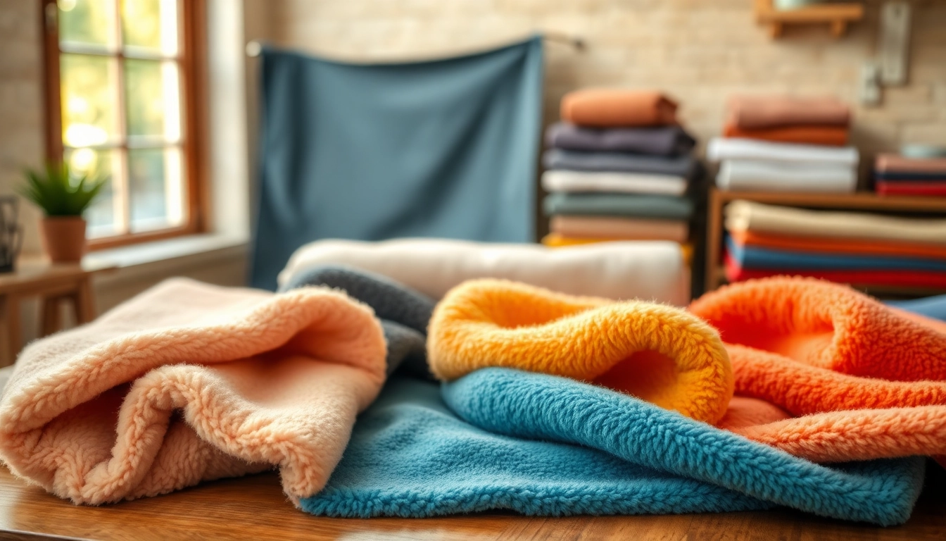 Verken fleece stoffen met diverse kleuren en texturen op een houten tafel.
