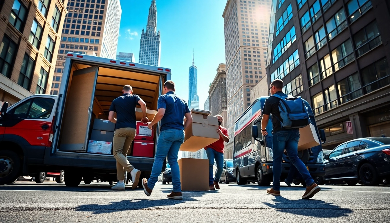 Efficient movers represent Manhattan moving company while relocating belongings amid iconic cityscape.