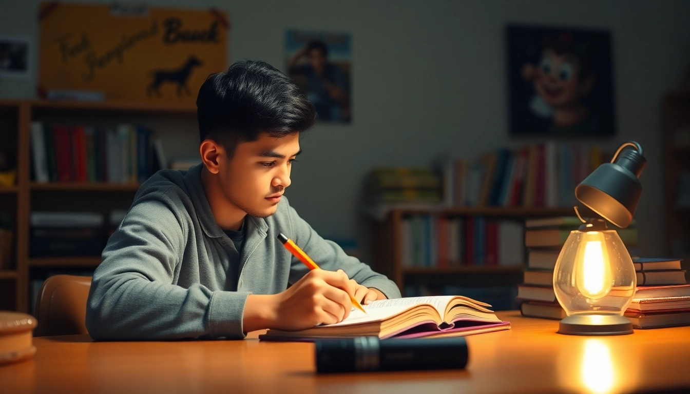 Tenha uma correção de redação com aluno focado escrevendo, cercado por livros e anotações.