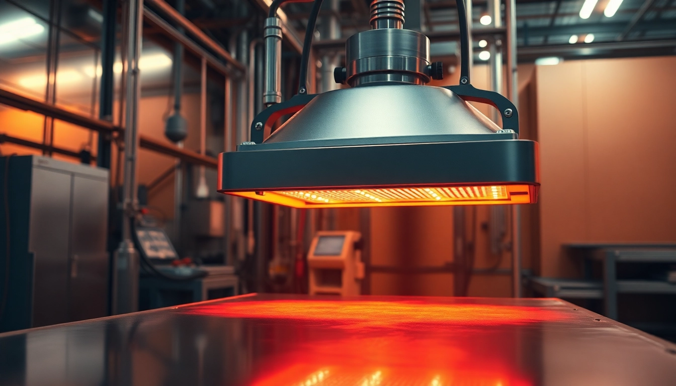 An infrared heating lamp efficiently curing surfaces in an industrial setting, showcasing advanced technology.