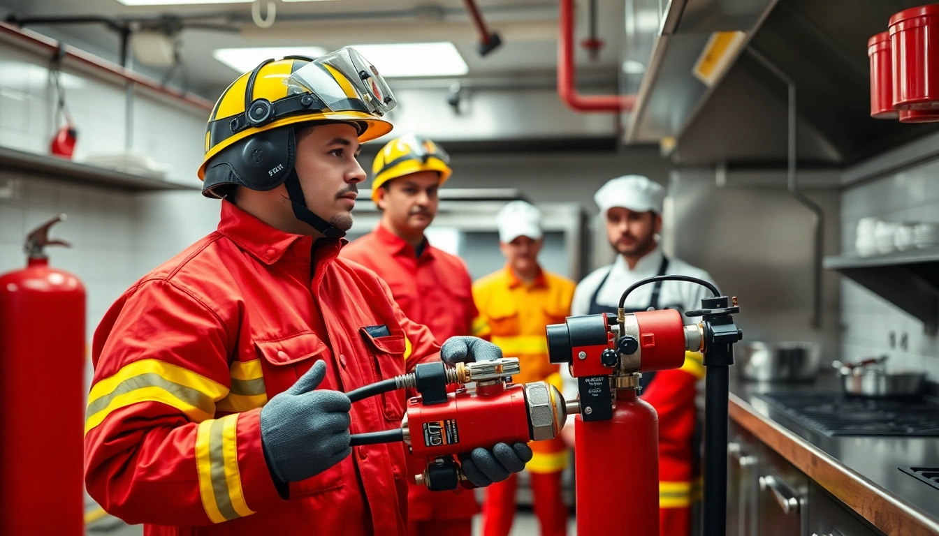 Performing fire suppression service checks in an industrial kitchen environment.