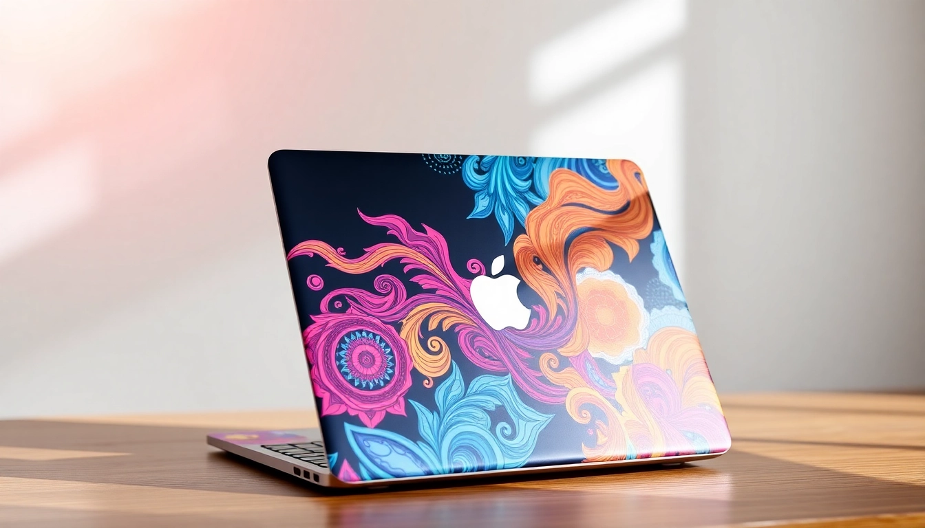 Discover unique MacBook skins featuring intricate designs on a sleek laptop.