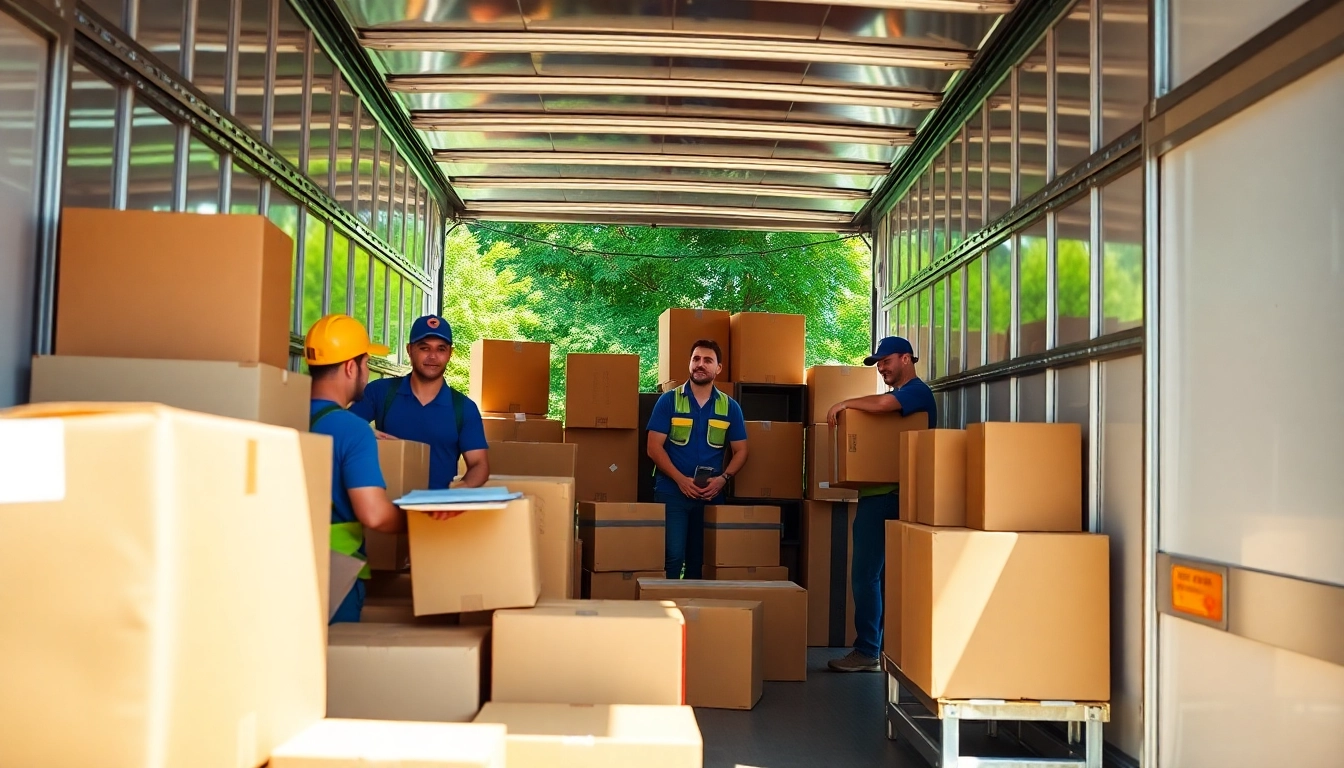 Team of skilled movers calgary efficiently loading a moving truck with boxes and furniture.
