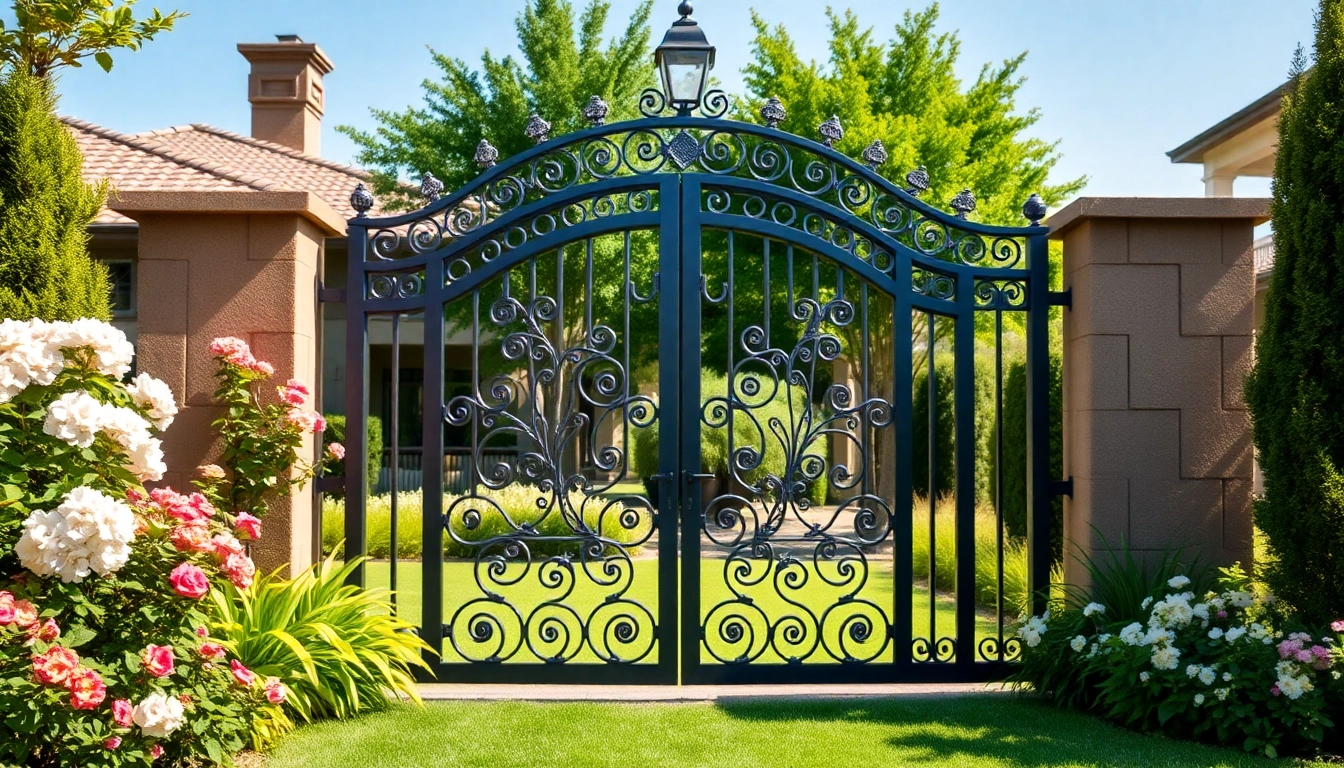 Admire this elegant custom steel gate showcasing intricate designs and a flourishing garden backdrop.