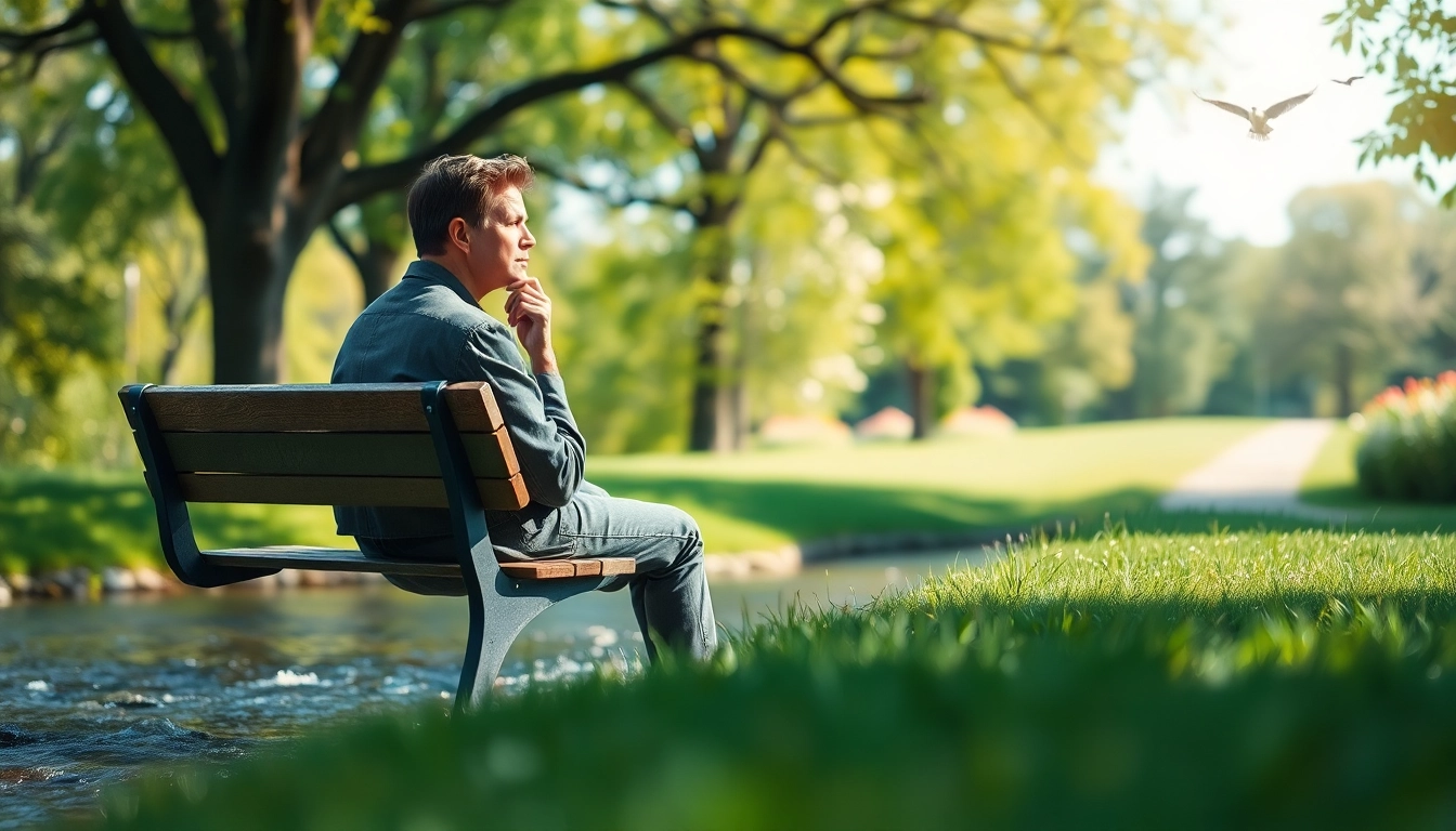 A person dealing with grief sits quietly on a bench by a river in a peaceful park setting.