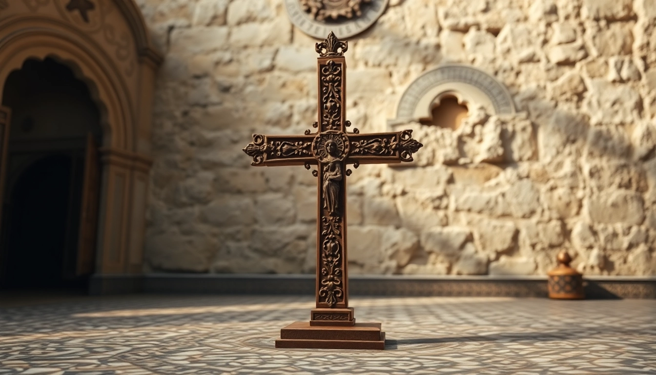 Admiring the intricately carved Jerusalem crosses displayed against a historic backdrop.