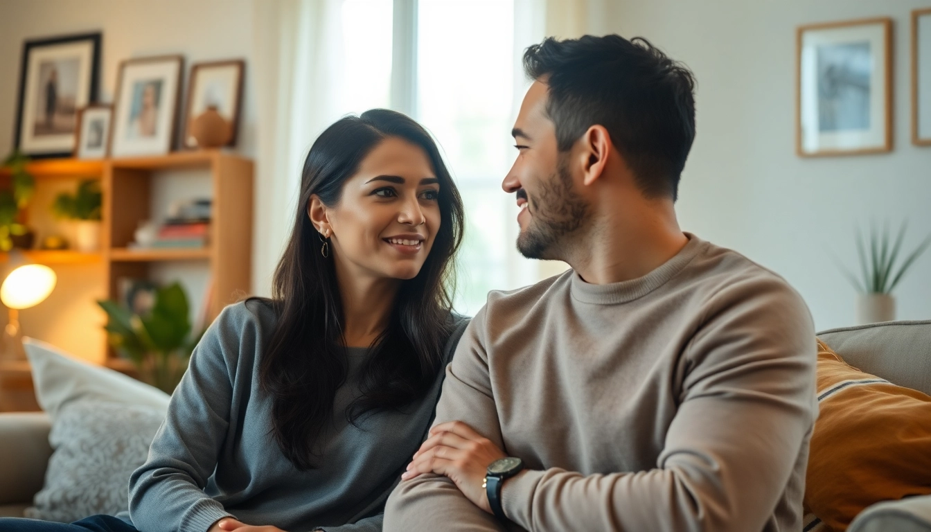 Couple demonstrating effective communication in relationships through engaging conversation in a cozy setting.