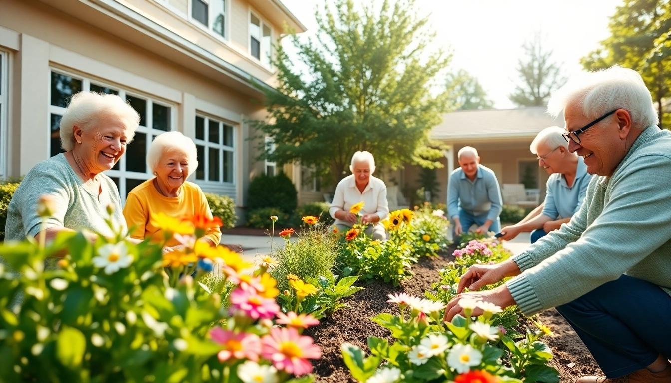 Engaged seniors enjoying activities at a heritage senior center Henderson NV with vibrant landscaping and community vibe.