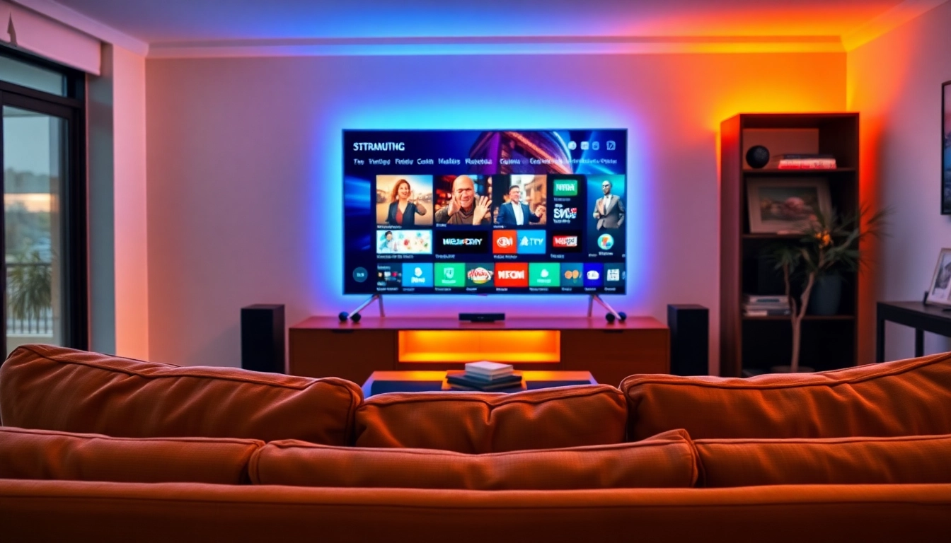 Comprar IPTV en una moderna sala de estar con un televisor elegante mostrando contenido vibrante.